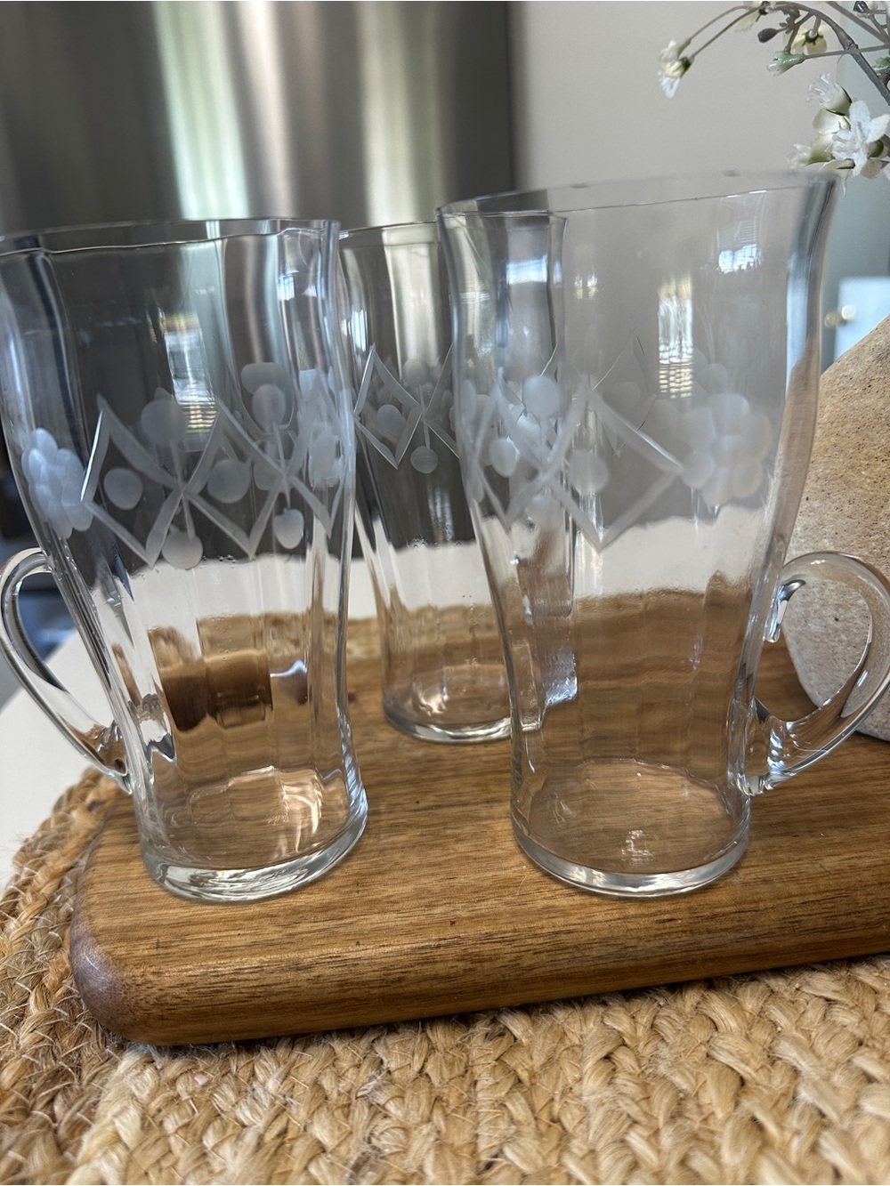 Early to Mid 1900s vintage Irish Toddy   Etched Glassware set of 3